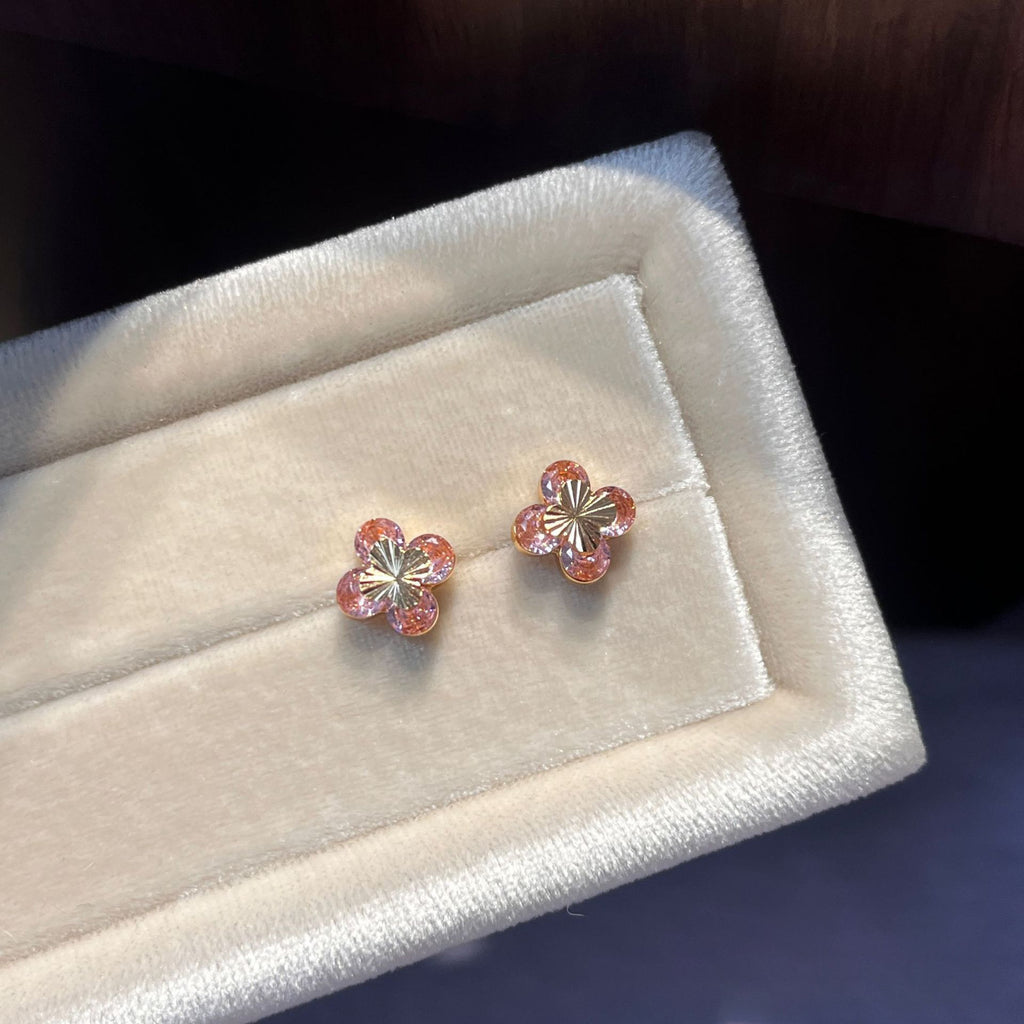 Pink Zircon Four Leaf Clover Necklace Bracelet Stud Earrings