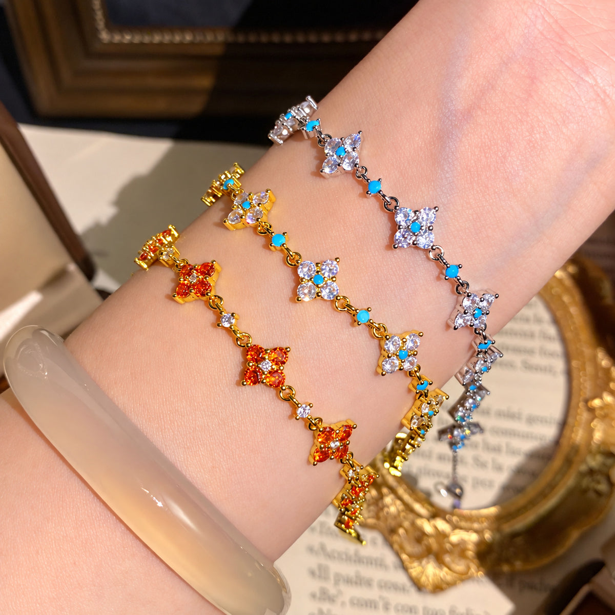 Multicolor Zircon Four Leaf Clover Bracelet