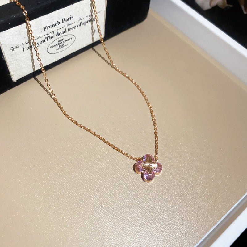 Pink Zircon Four Leaf Clover Necklace Bracelet Stud Earrings