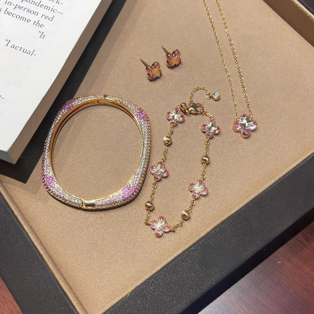 Pink Zircon Four Leaf Clover Necklace Bracelet Stud Earrings