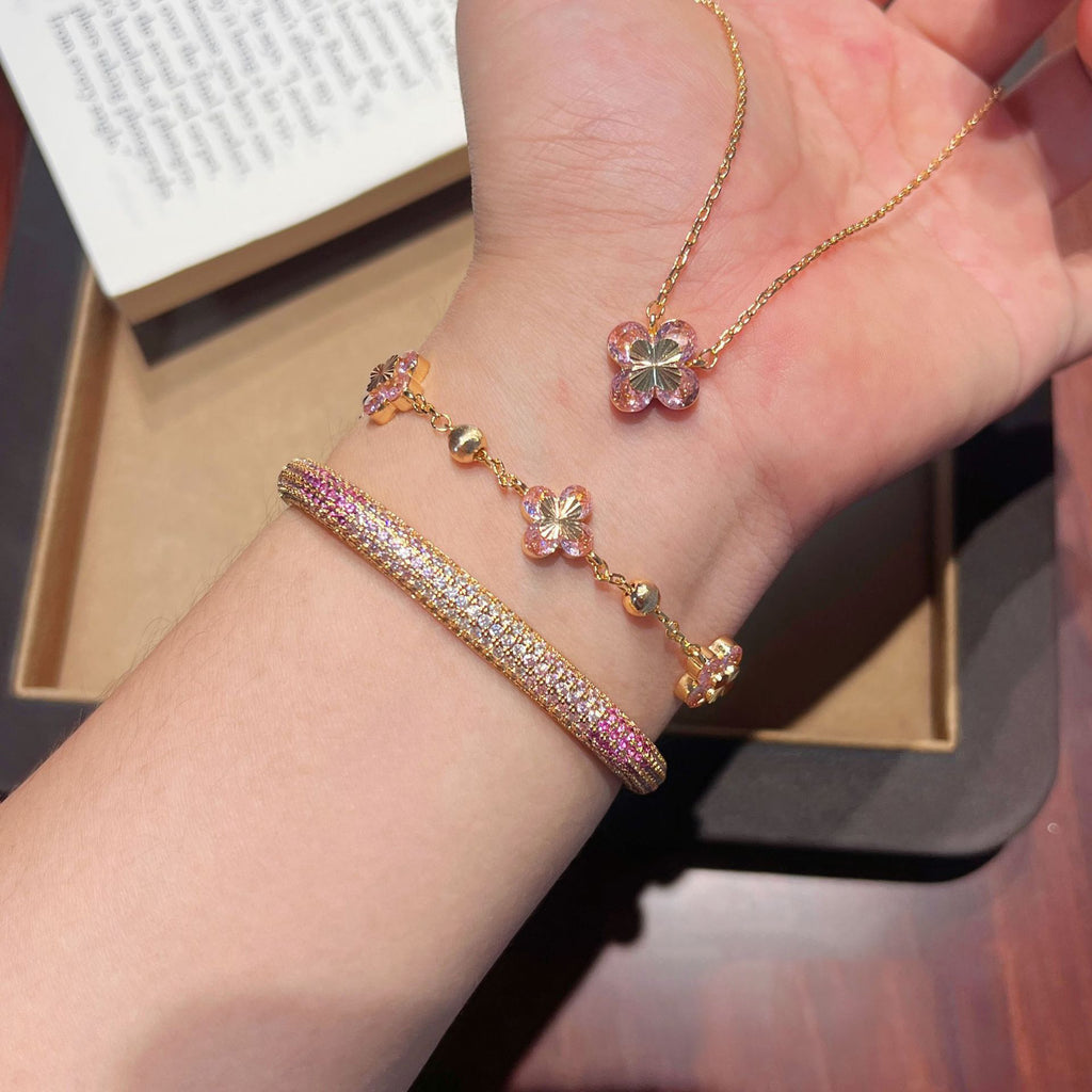 Pink Zircon Four Leaf Clover Necklace Bracelet Stud Earrings