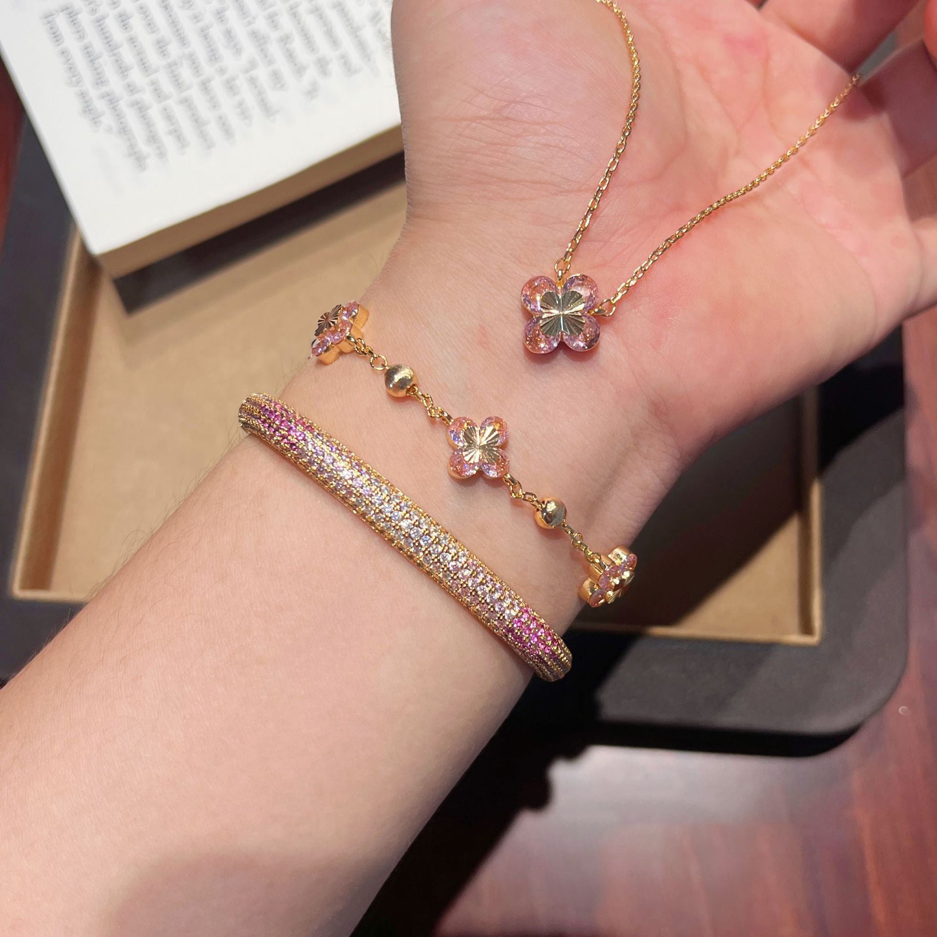 Pink Zircon Four Leaf Clover Necklace Bracelet Stud Earrings