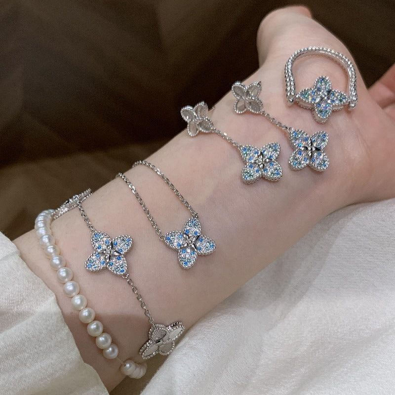 Blue Zircon Four Leaf Clover Jewelry – Necklace, Bracelet, Ring & Stud Earrings