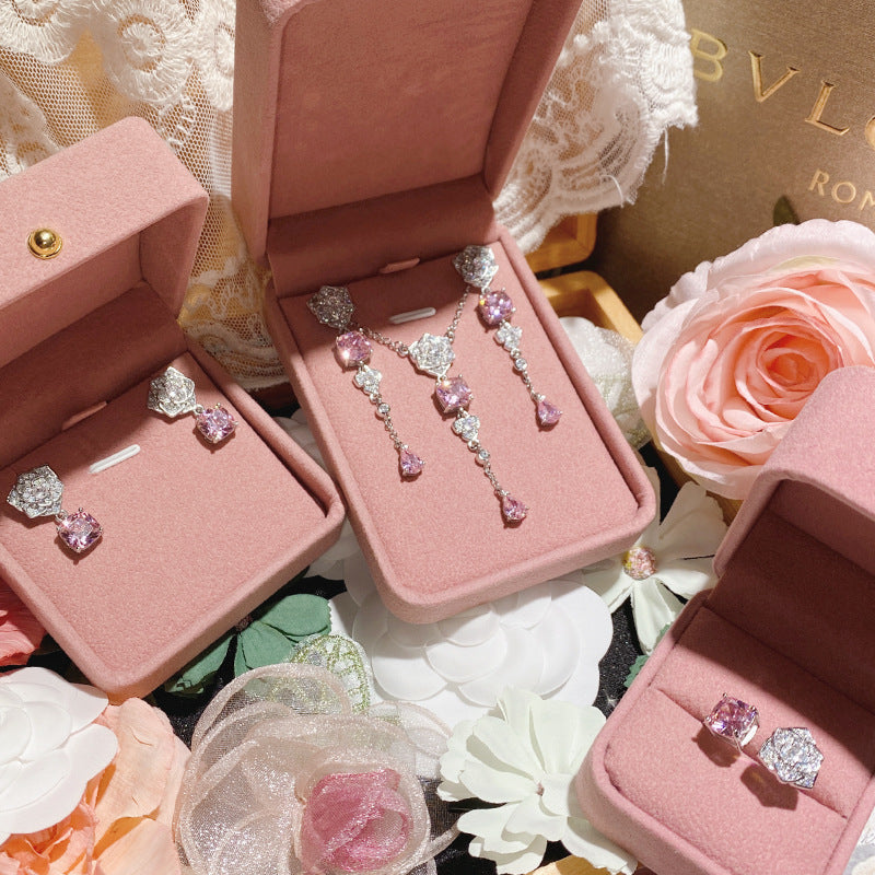 Gold Plated Pink Zircon Flower Ring Stud Earrings Necklace