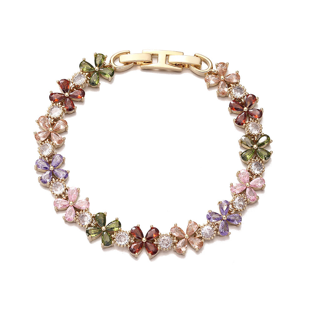 Pink White Multicolor Zircon Flower Gold Silver Bracelet