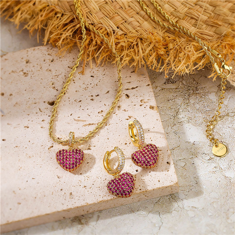 Two-Tone Zircon Heart Jewelry – Stud Earrings & Necklace