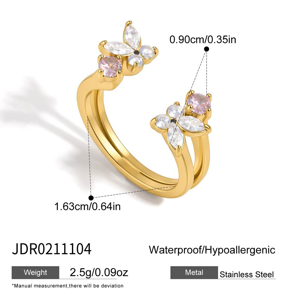 18K Gold Plated Zircon Butterfly Stainless Steel Open Ring