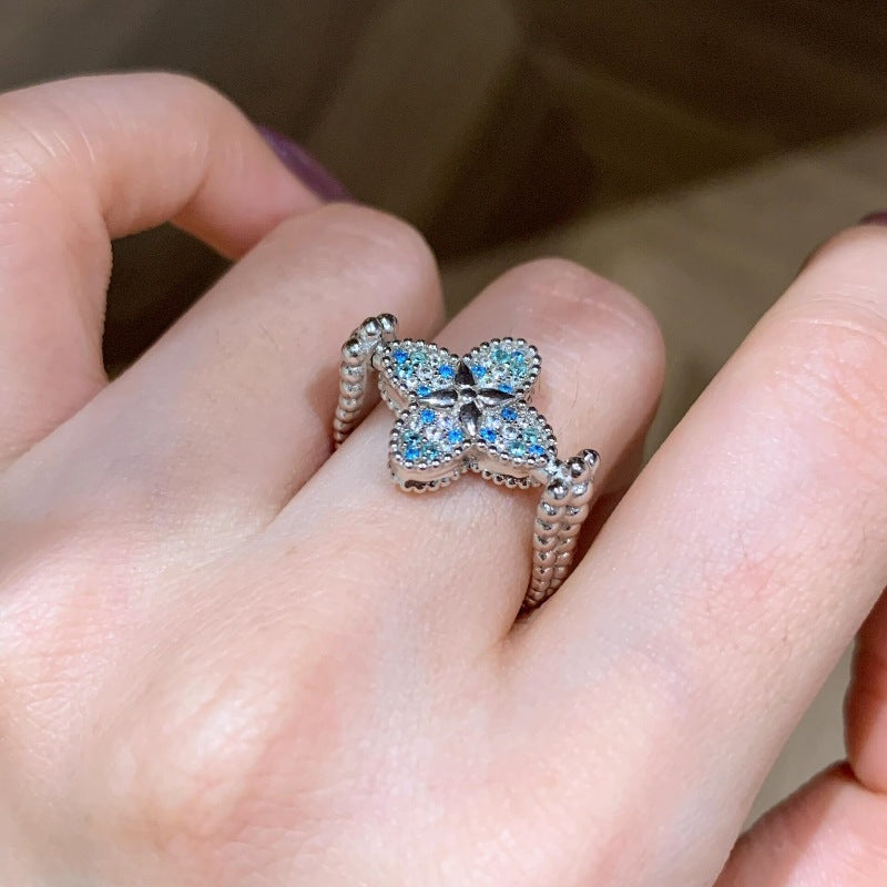 Blue Zircon Four Leaf Clover Jewelry – Necklace, Bracelet, Ring & Stud Earrings