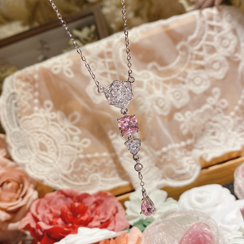 Gold Plated Pink Zircon Flower Ring Stud Earrings Necklace