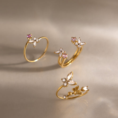 18K Gold Plated Zircon Butterfly Stainless Steel Open Ring