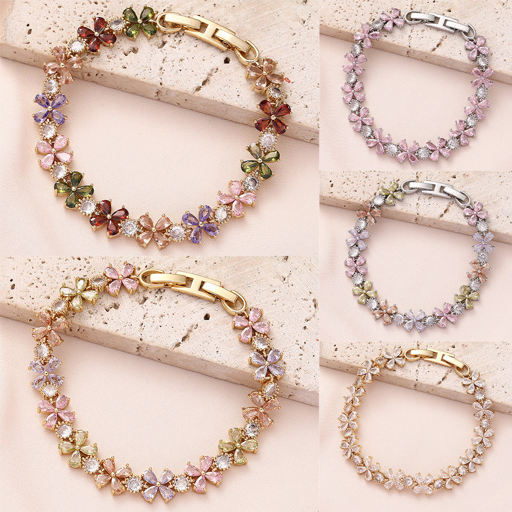 Pink White Multicolor Zircon Flower Gold Silver Bracelet