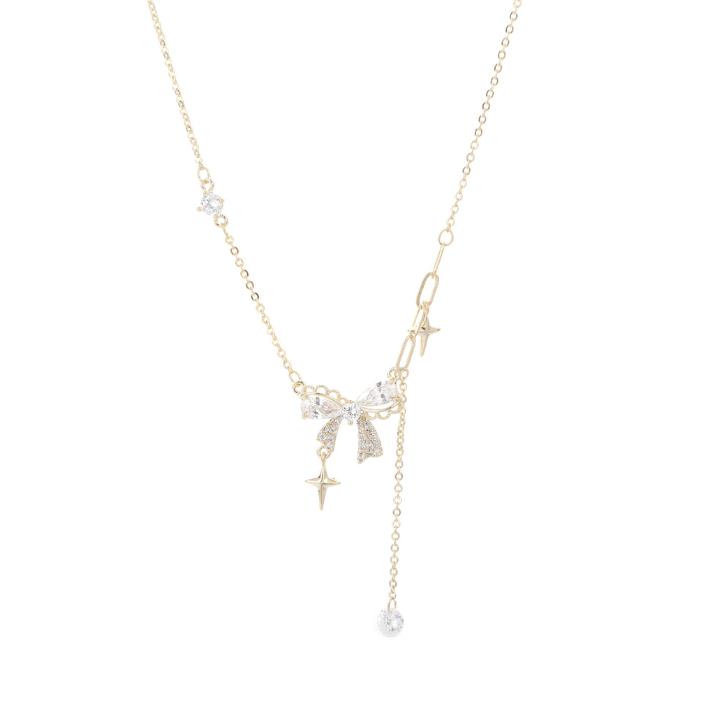 Gold Zircon Bow Pendant Necklace