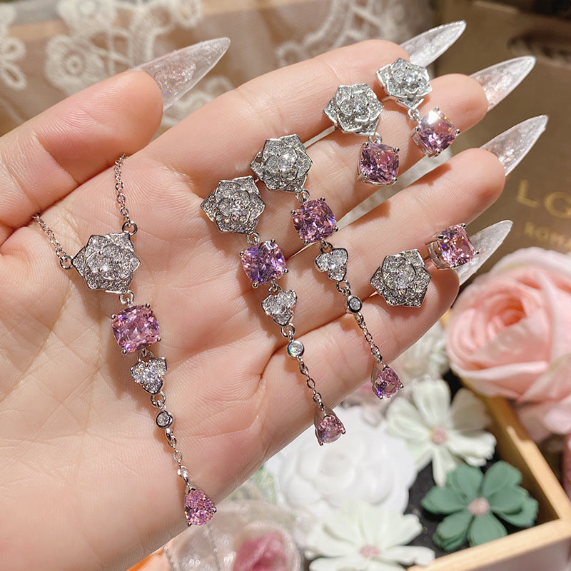 Gold Plated Pink Zircon Flower Ring Stud Earrings Necklace