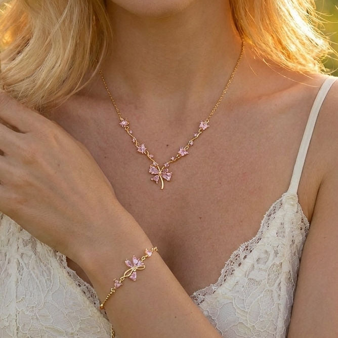 Gold Zircon Floral Jewelry – Necklace & Bracelet