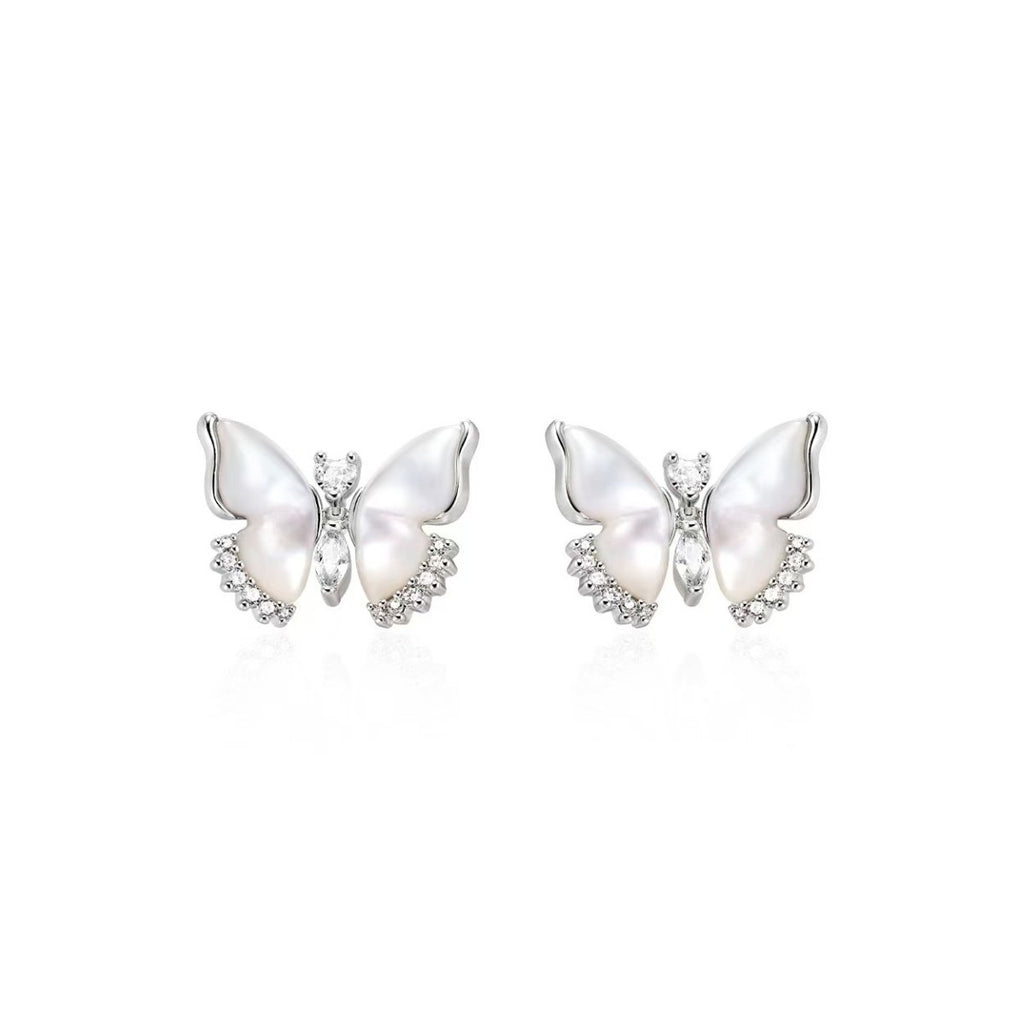 White Butterfly Mother of Pearl Cubic Zirconia Necklace Stud Earrings