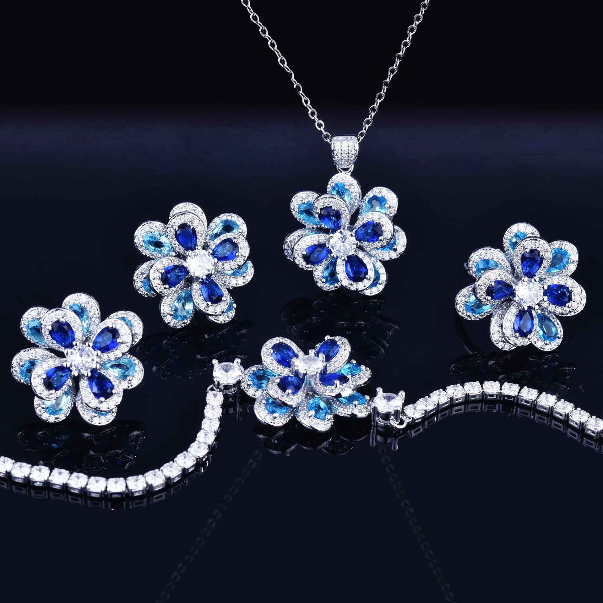 Zircon Camellia Flower Earrings Necklace Bracelet Ring Set