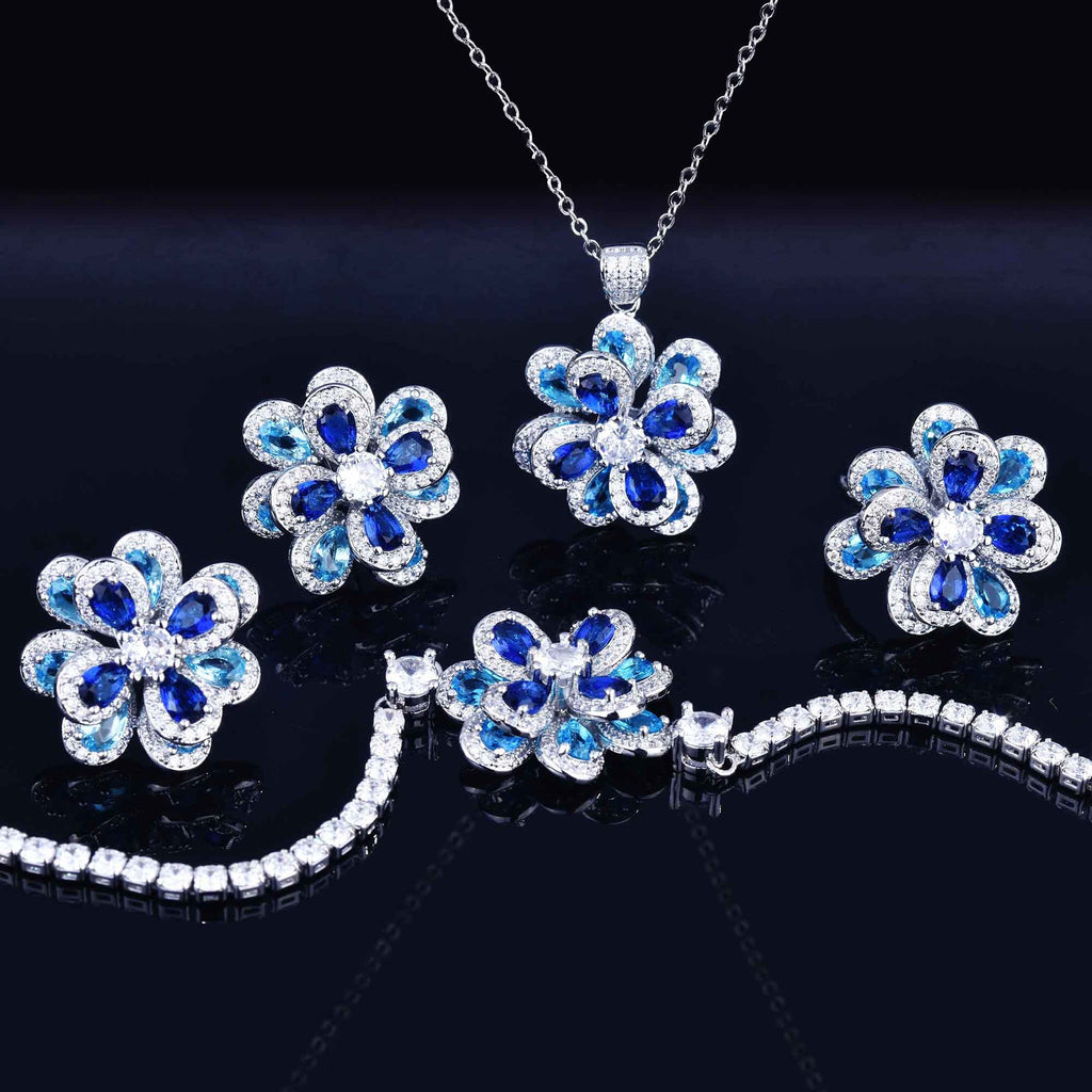 Zircon Camellia Flower Earrings Necklace Bracelet Ring Set