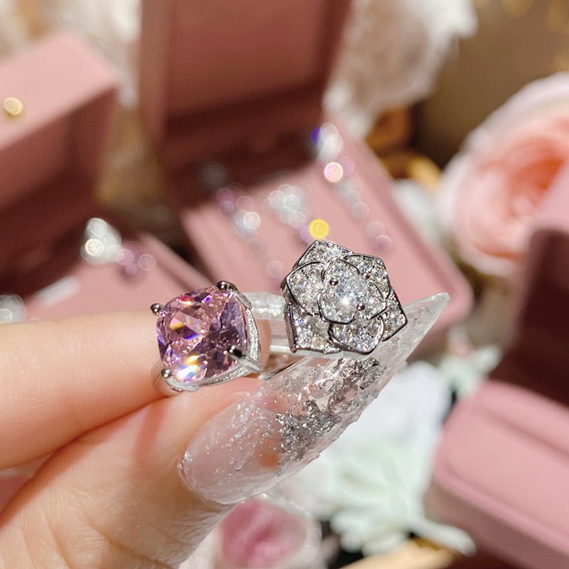 Gold Plated Pink Zircon Flower Ring Stud Earrings Necklace