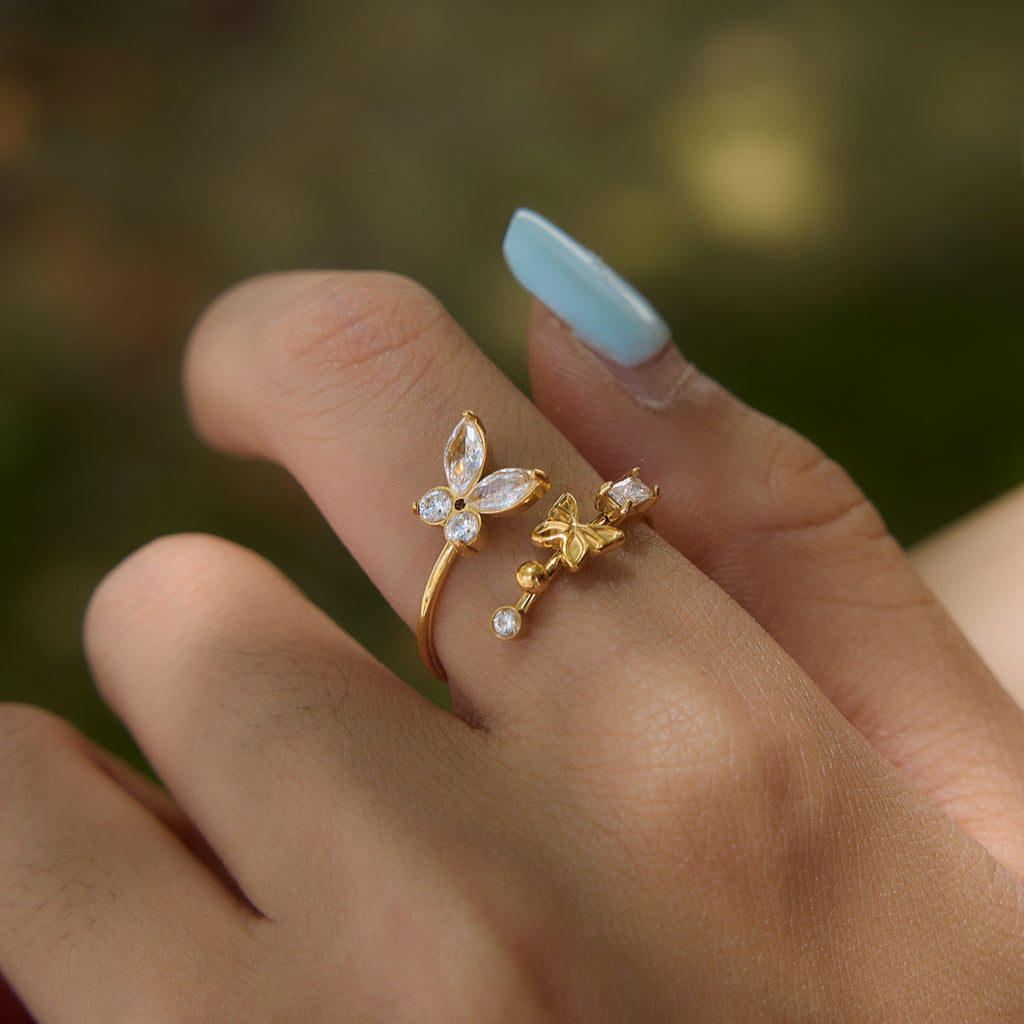 18K Gold Plated Zircon Butterfly Stainless Steel Open Ring