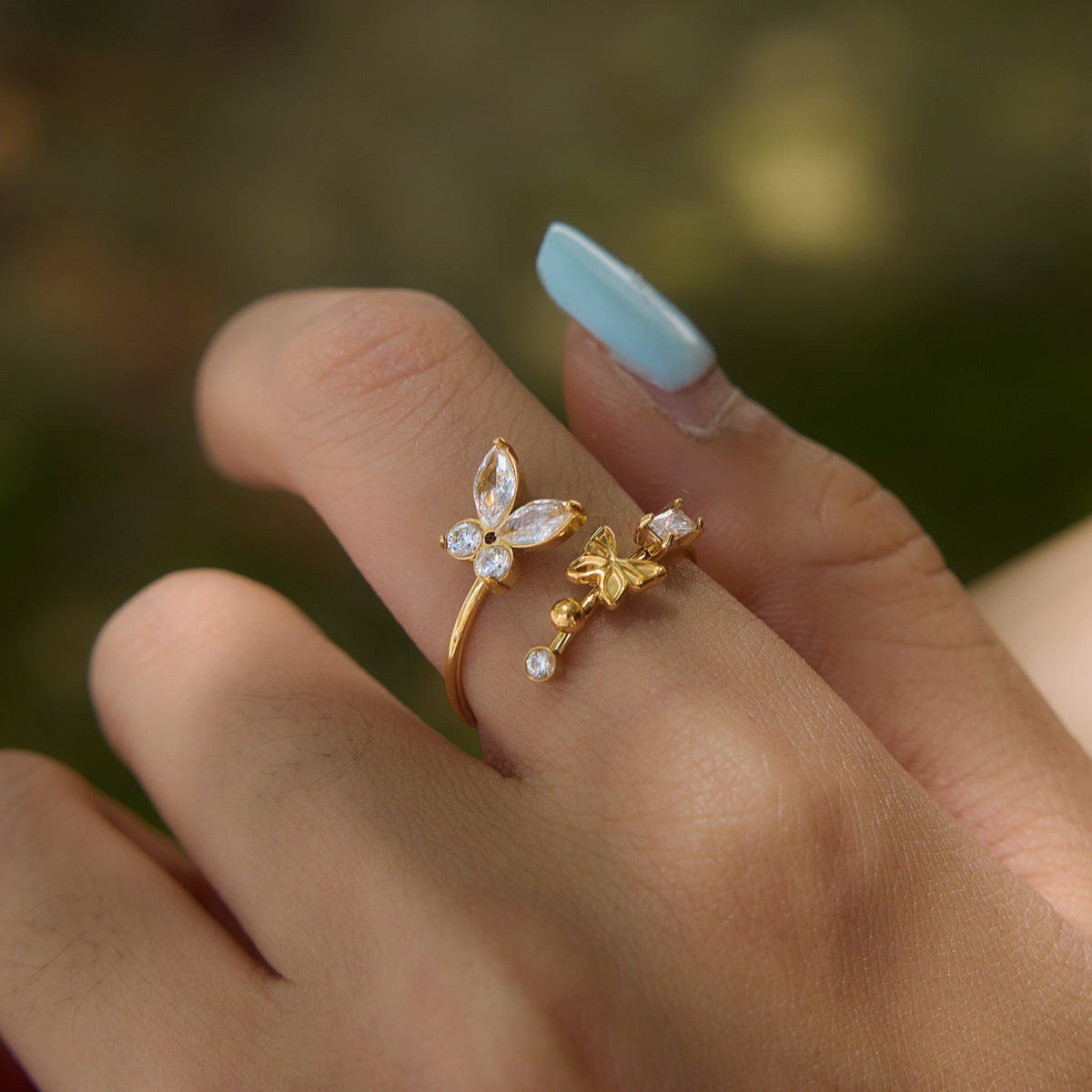 18K Gold Plated Zircon Butterfly Stainless Steel Open Ring