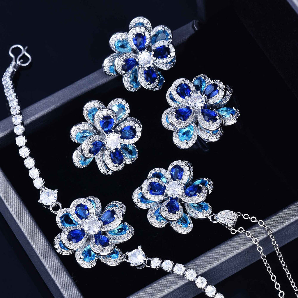 Zircon Camellia Flower Earrings Necklace Bracelet Ring Set