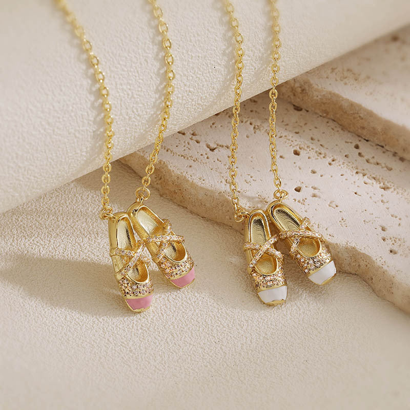 Gold Ballet Shoes Pendant Necklace – White & Pink