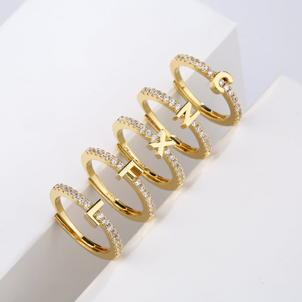 A–Z Zircon Adjustable Initial Ring – Gold & Silver