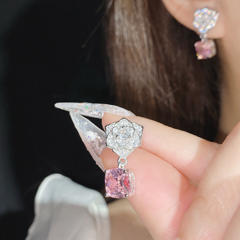 Gold Plated Pink Zircon Flower Ring Stud Earrings Necklace