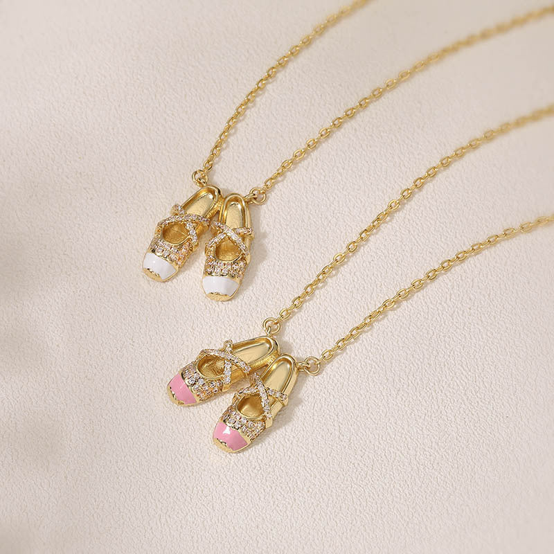 Gold Ballet Shoes Pendant Necklace – White & Pink