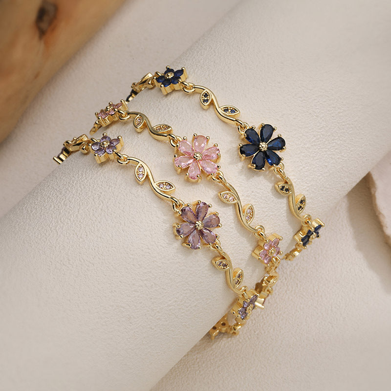 Bracelet floral en zircon – Or et argent