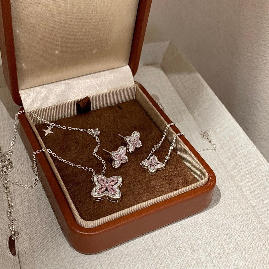 Gold Plated Pink Zircon Butterfly 925 Sterling Silver Stud Earrings Bracelet Necklace