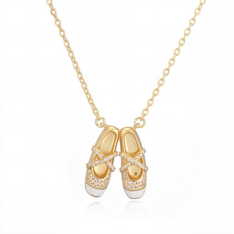 Gold Ballet Shoes Pendant Necklace – White & Pink