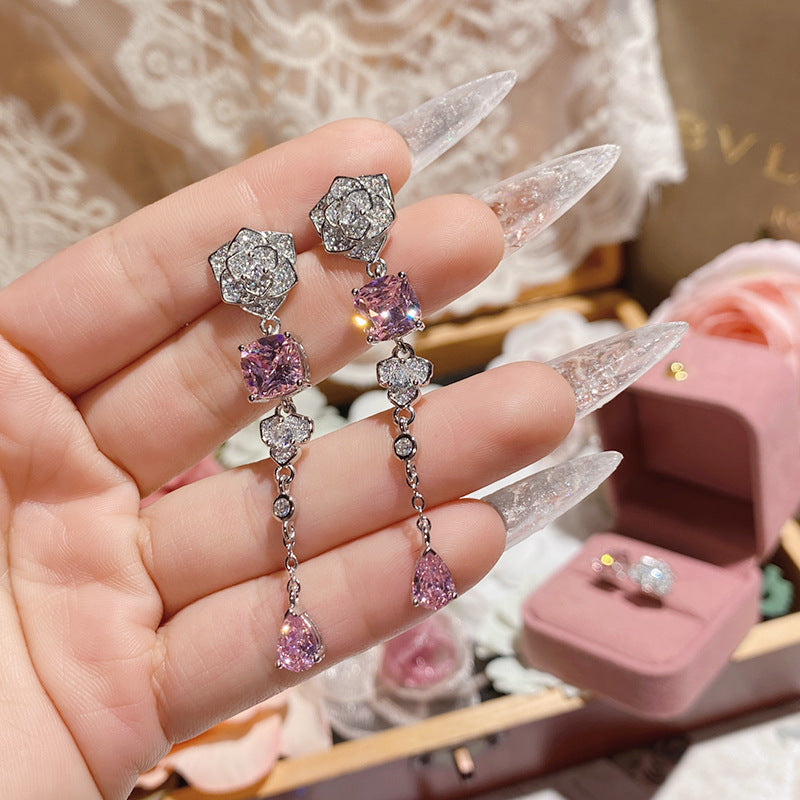 Gold Plated Pink Zircon Flower Ring Stud Earrings Necklace
