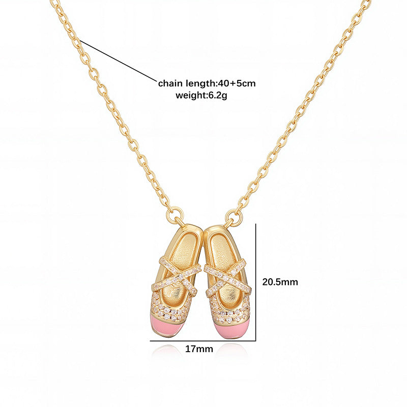 Gold Ballet Shoes Pendant Necklace – White & Pink