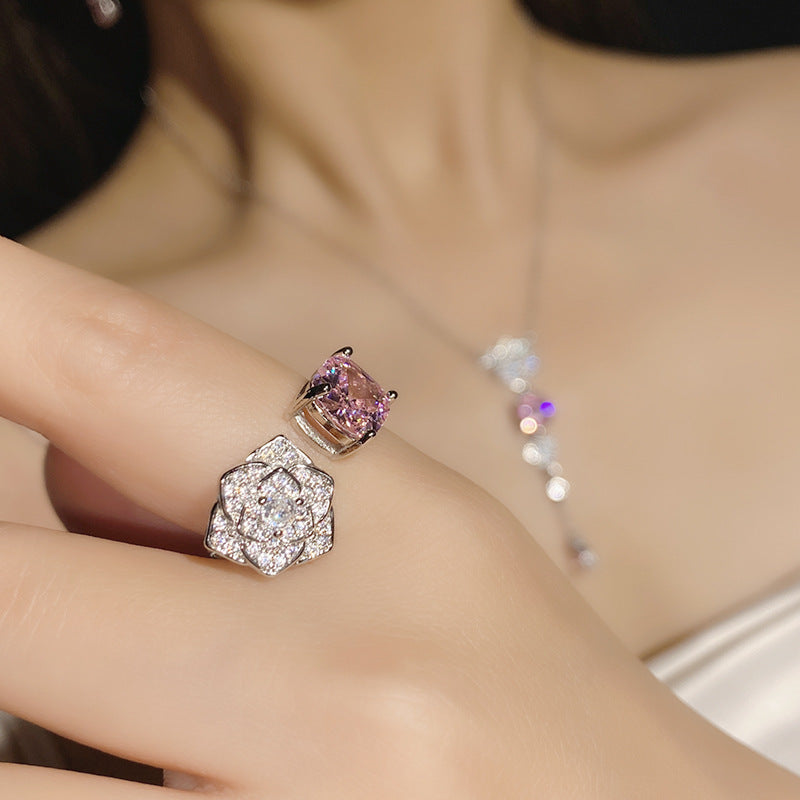 Gold Plated Pink Zircon Flower Ring Stud Earrings Necklace