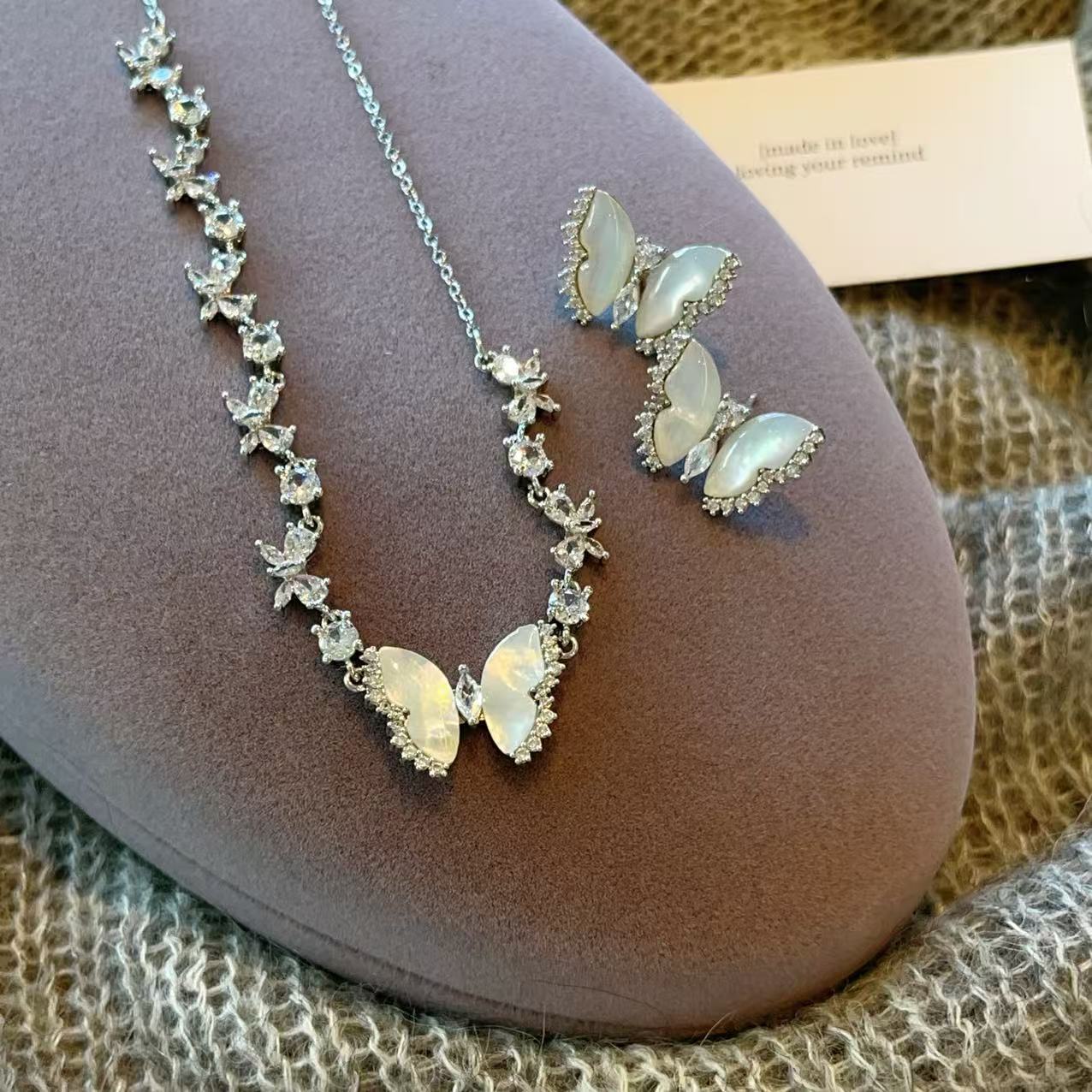White Butterfly Mother of Pearl Cubic Zirconia Necklace Stud Earrings