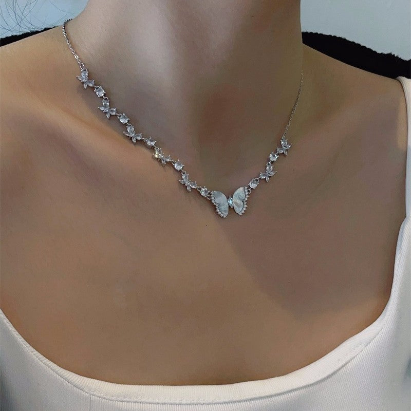 White Butterfly Mother of Pearl Cubic Zirconia Necklace Stud Earrings