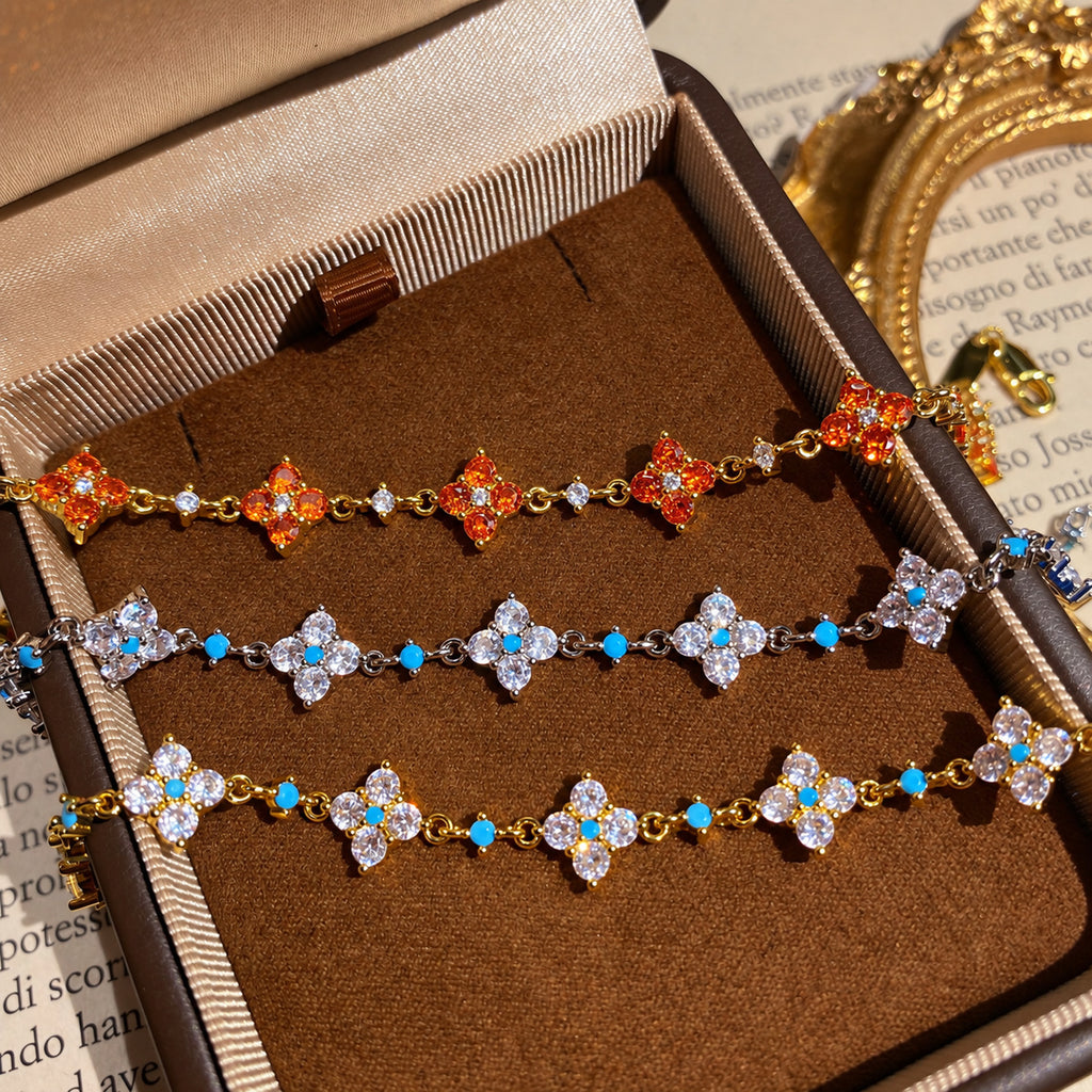 Multicolor Zircon Four Leaf Clover Bracelet