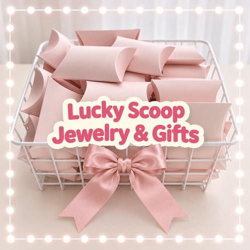 KKrr Lucky Scoop Jewelry & Gifts promotional illustration with pink gift pouches in a basket