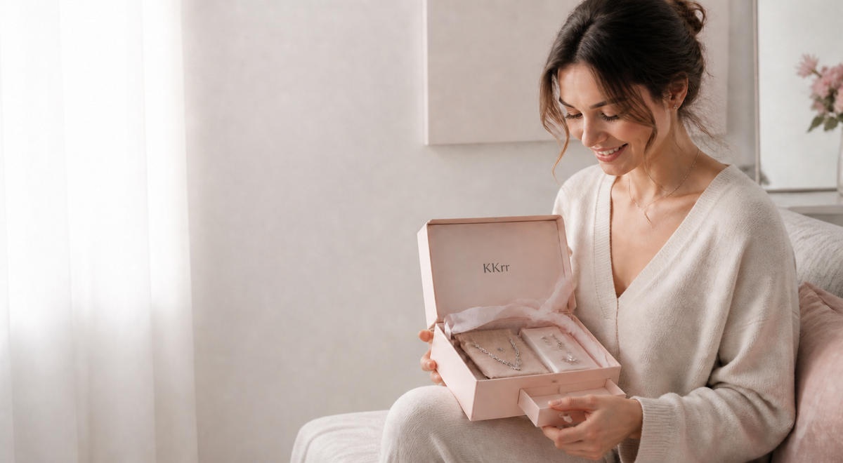 Woman opening a KKrr jewelry surprise gift box